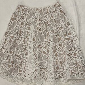 Alice + Olivia Tan A-Line Skirt with Cream Floral Lace Overlay